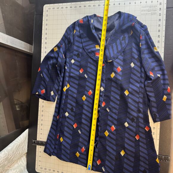 Vintage 80s Geometric Chevron Tunic Blouse Sheer Panels Blue Art Deco Pattern L - Picture 10 of 16